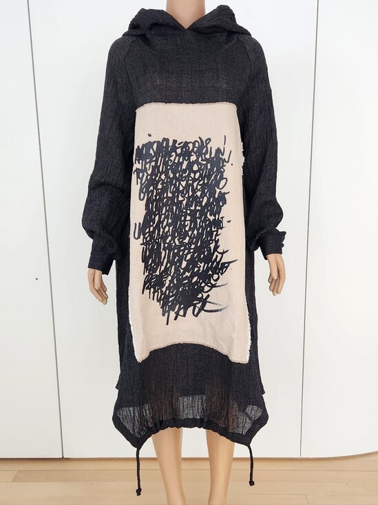 Dresses & Skirts - Heather Black Hooded Gauze Dress With Printed Panels
